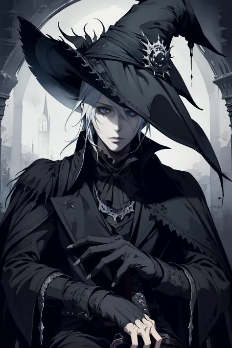 there is a man in a black hat holding a sword, portrait of a bloodborne hunter, bloodborne art, epic exquisite character art, bloodborne style, alucard, portrait of a female mage, dark fantasy character design, thancred waters in style of wlop, dark fantas...