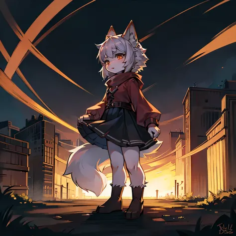 wolf girl，wolf ears，female focus，Furry women，Characteristics of a three-year-old girl，Furry loli，long sleeves，short skirt，Standing posture