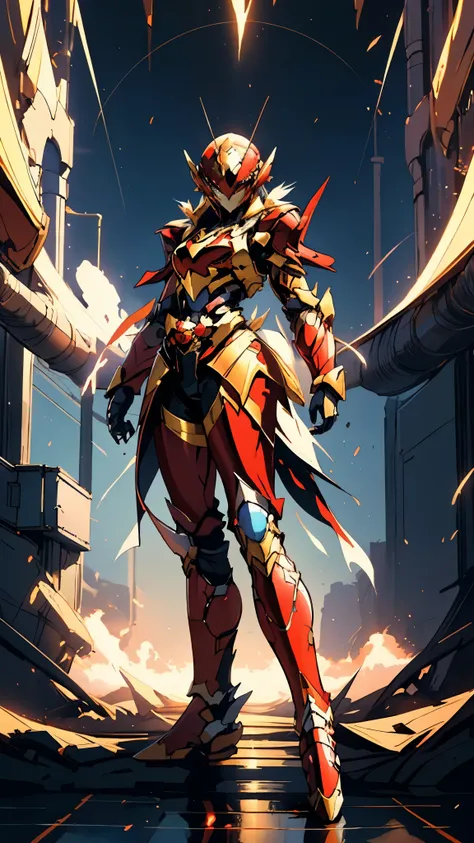 A woman adorned in fantasy-style full-body armor, a crown-concept fully enclosed helmet that unveils only her eyes, a composite layered chest plate, fully encompassing shoulder and hand guards, a lightweight waist armor, form-fitting shin guards, the overa...