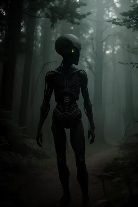 An alien figure with gray, wrinkled skin and large, black eyes stands still in the bushes, lurking in the shadows. Its long, slender arm reaches out, giving off an unsettling vibe. The scene is cinematic and realistic, as if filmed from a distance using an...