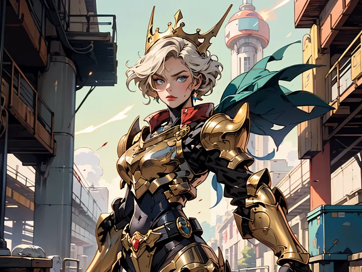 A woman adorned in fantasy-style full-body armor, a crown-concept fully enclosed helmet that unveils only her eyes, a composite layered chest plate, fully encompassing shoulder and hand guards, a lightweight waist armor, form-fitting shin guards, the overa...