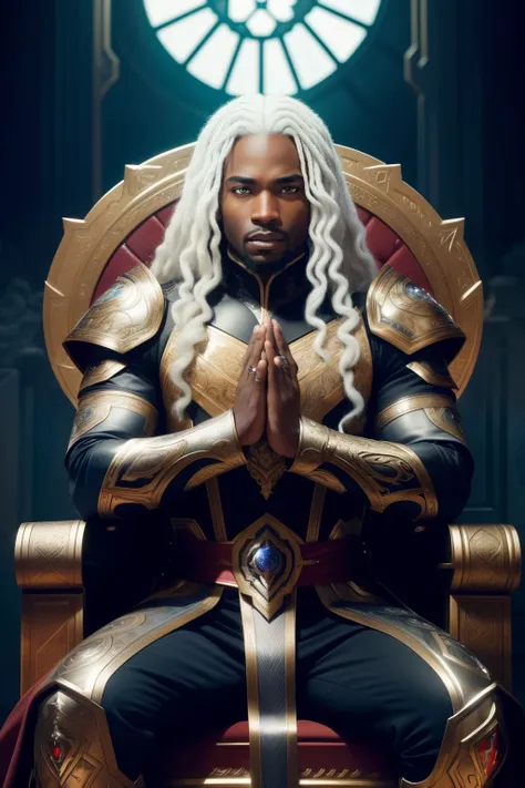 A black man with wavy white hair and captivating red eyes sits regally on a throne in a galactic setting, exuding power and mystique. His armor, made of intricately designed silver pieces, shines under the dramatic lighting, reflecting the convoluted textu...