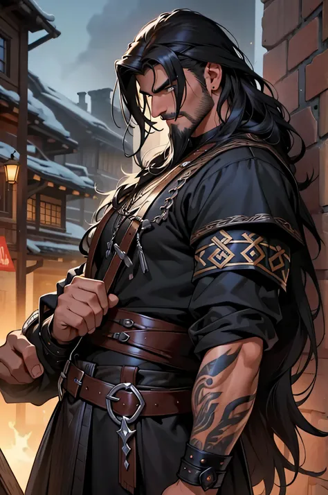 Cabelo preto, cabelo preto enorme, homem viking, homem viking usando machado, viking, epic fantasy, obra de arte, cabelo perfeito preto, cabelo preto lindo