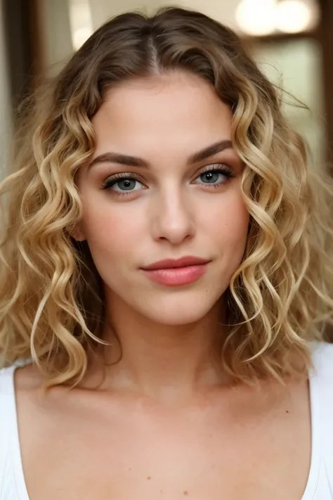 super cute blonde woman curly hair big lip 