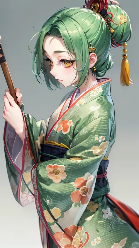 low-angela, ((dance style)) (hand holding long spear gripping in hands) ((swing naginata)l (solo:1.3 Kabuki dancer, green hair long kabuki hair, cute girl, 14 yi, cute yellow eyes), ((kabuki:1.2 makeup face)), (in a immensely kabuki uniform), ((kabuki danc...