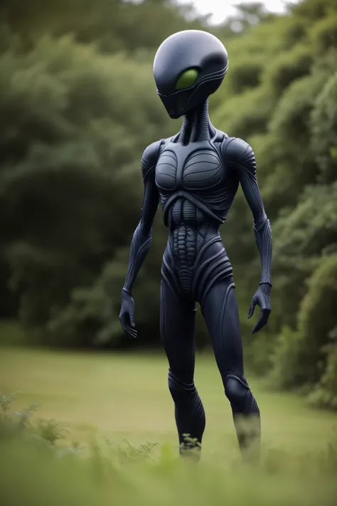 An alien figure with gray, repellent skin and black, beady eyes stands still in the bushes, its long, bony arm extended. The scene is cinematic and realistic, as if straight out of a sci-fi movie. This image, however, appears to be an amateur attempt, film...