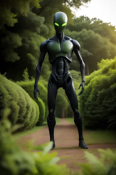 An alien figure with gray, repellent skin and black, beady eyes stands still in the bushes, its long, bony arm extended. The scene is cinematic and realistic, as if straight out of a sci-fi movie. This image, however, appears to be an amateur attempt, film...