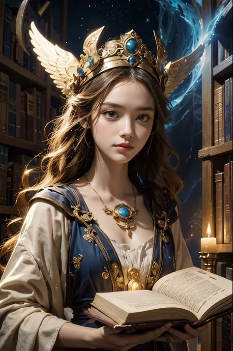 Dynamic potrait of a Enigmatic beautiful guardian of a mystical library that transcends time and space, with wise face and ancient tomes floating around her, safeguarding the knowledge of the ages and guiding seekers on spiritual journeys through the bound...