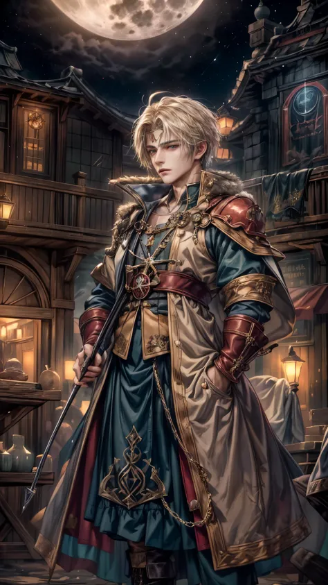 (absurdres, highres, ultra detailed, HDR), masterpiece, intricate, best quality, portrait of a handsome villain from Final Fantasy IX, peridot hair, short hair, korean face, anime eyes, mage outfit , wearing detailed circlet, detailed interiors of an rpg w...