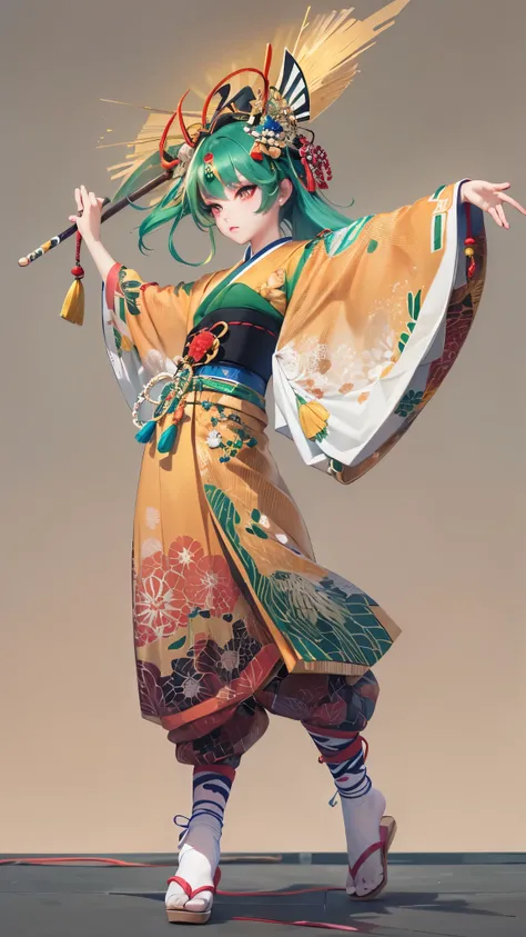 low-angela, ((dance style)) (hand holding long spear gripping in hands) (solo:1.3 Kabuki dancer, green hair long oiran hair, cute girl, 14 yi, cute yellow eyes), ((kabuki:1.2 makeup face)), (in a immensely kabuki uniform), ((kabuki dancing, high kicking)) ...