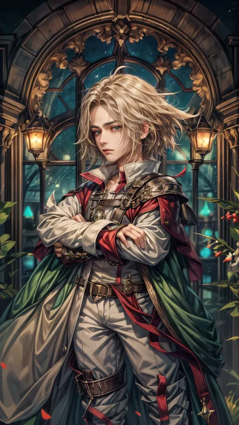 (absurdres, highres, ultra detailed, HDR), masterpiece, intricate, best quality, portrait of a handsome villain from Final Fantasy IX, peridot hair, short hair, korean face, anime eyes, mage outfit , wearing detailed circlet, detailed interiors of an rpg w...