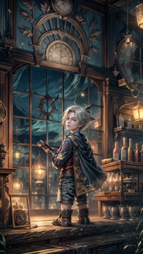 (absurdres, highres, ultra detailed, HDR), masterpiece, intricate, best quality, portrait of a handsome villain from Final Fantasy IX, peridot hair, short hair, korean face, anime eyes, mage outfit , wearing detailed circlet, detailed interiors of an rpg w...