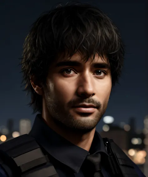 1male, masterpiece, 4k, ultra realistic, policeman, city night background, carlos oliveira, portrait, black shaggy hair 