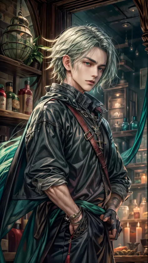 (absurdres, highres, ultra detailed, HDR), masterpiece, intricate, best quality, portrait of a handsome villain from Final Fantasy IX, green hair, short hair, korean face, anime eyes, mage outfit , wearing detailed circlet, detailed interiors of an rpg wan...