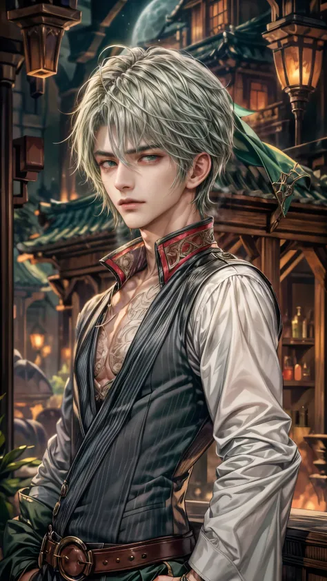 (absurdres, highres, ultra detailed, HDR), masterpiece, intricate, best quality, portrait of a handsome villain from Final Fantasy IX, green hair, short hair, korean face, anime eyes, mage outfit , wearing detailed circlet, detailed interiors of an rpg wan...