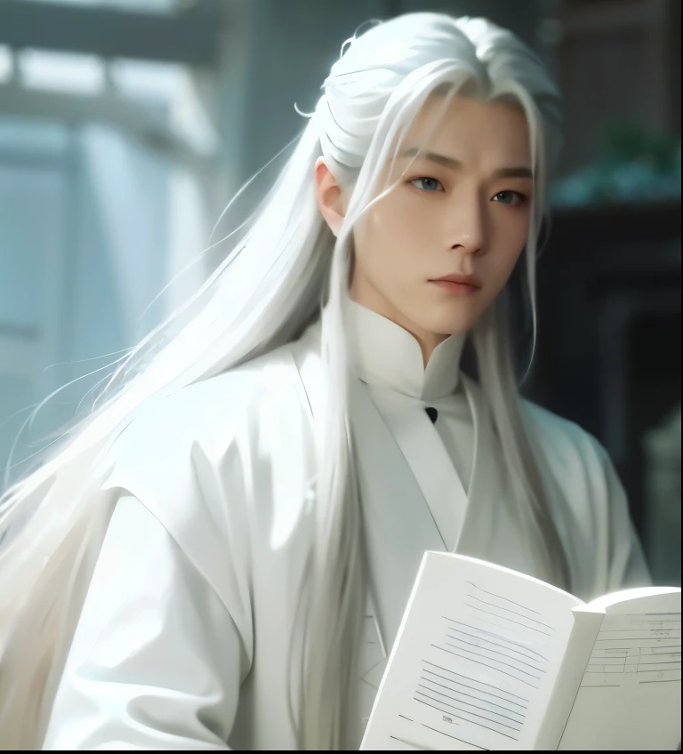 A man with white hair and a white robe, Kenji Tan, with long white hair, long  white hair, still from live action movie, Inspired by Zhang Han, fantasy movie still, live-action movie scenes, cloud-like white hair, The exquisite prince, Inspired by Seki Dos...