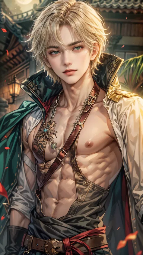 (absurdres, highres, ultra detailed, HDR), masterpiece, intricate details, best quality close-up picture of a character from fire emblem, a character with handsome looks, korean face, original blonde hair, short hair, anime green eyes, smirking face, matur...