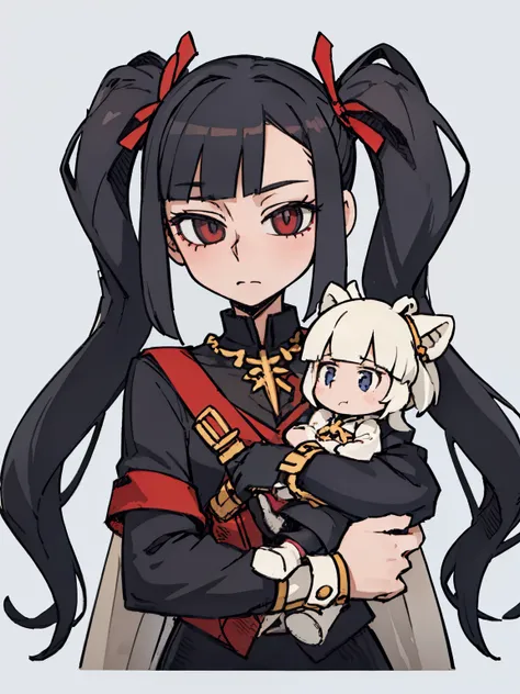 two-dimensional, ​Masterpiece, top quality, highly detailed eyes, Highly detailed face, （（a 12 year old girl，front，whole body，Lolita，black hair，twintails），childhood，child，holding doll，cute，Sword and magic style，Different world，middle Ages，White background