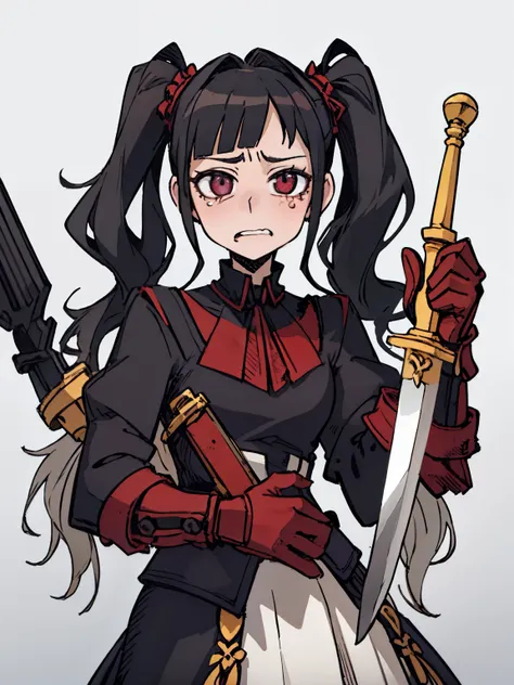 two-dimensional, ​Masterpiece, top quality, highly detailed eyes, Highly detailed face, （（a 12 year old girl，front，whole body，Lolita，long skirt，black hair，twintails），childhood，child，holding doll，cute，cry，Sword and magic style，Different world，middle Ages，Wh...