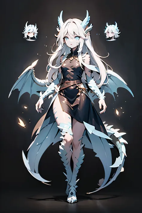 (highres,4k,highly detailed,best quality),1woman, very long wavy white hair, glowing blue dragon eyes, pale blue dragon scales o...