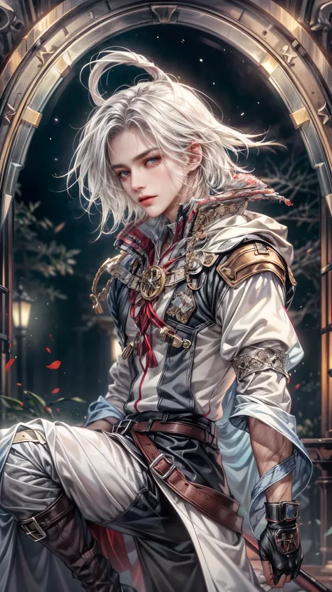 (absurdres, highres, ultra detailed, HDR), masterpiece, intricate, best quality, portrait of a handsome villain from Final Fantasy IX, white hair, short hair, korean face, anime eyes, mage outfit , wearing detailed circlet, detailed interiors of a clockwor...