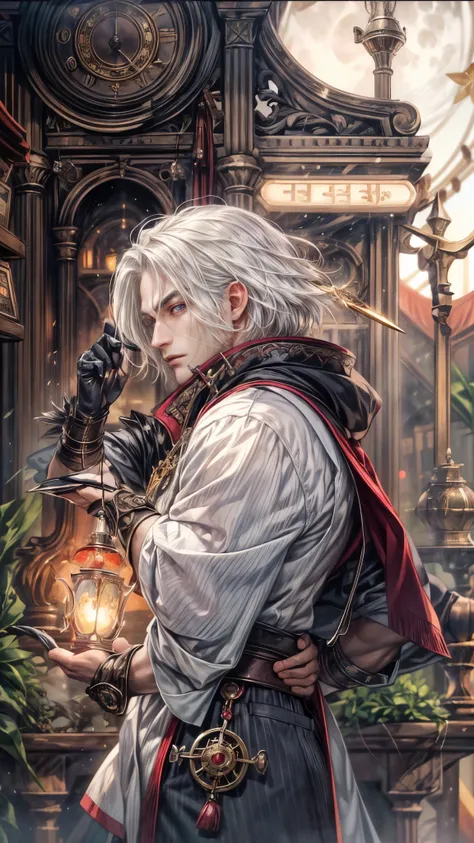 (absurdres, highres, ultra detailed, HDR), masterpiece, intricate, best quality, portrait of a handsome villain from Final Fantasy IX, white hair, short hair, korean face, anime eyes, mage outfit , wearing detailed circlet, detailed interiors of a clockwor...