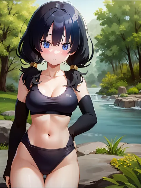 masterpiece, highest quality, High resolution, girl,saw 2, blue eyes, black hair, Low twintails and short cut, medium breasts, frown,blush, girl1名,  Black tight suit,streak,place both hands on hips, looking at the viewer。black quagmire,swimming in the swam...