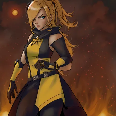 version female of scorpion from mkii, blonde woman, scorpion outfit, rosalina look a like, yellow classic outfit,