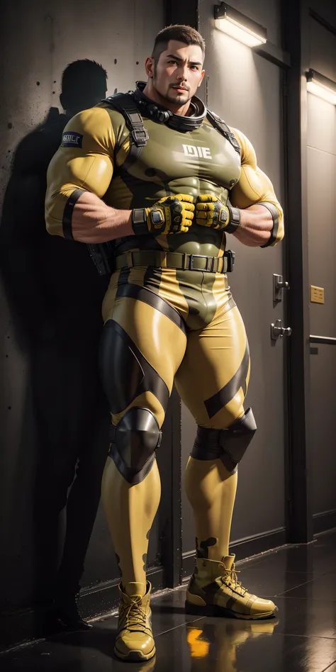 Tall giant muscular police officer，Yellow and gray khaki camouflage uniform，Stick to the wall and hug the wall，self fondle，character concept（Resident Evil - chris redfield，chris redfield）senior police officer，Wearing a yellow and gray khaki camouflage divi...