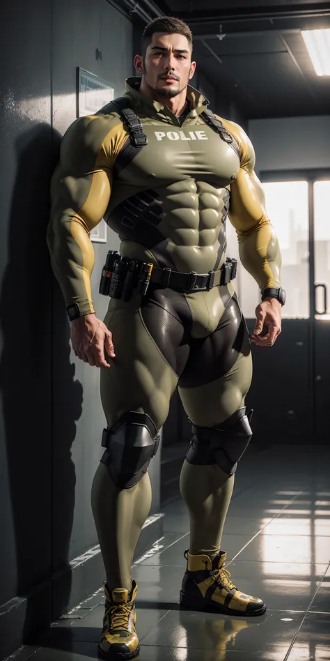 Tall giant muscular police officer，Yellow and gray khaki camouflage uniform，wall station，self fondle，character concept（Resident Evil - chris redfield，chris redfield）senior police officer，Wearing a yellow and gray khaki camouflage diving suit，matte texture，...