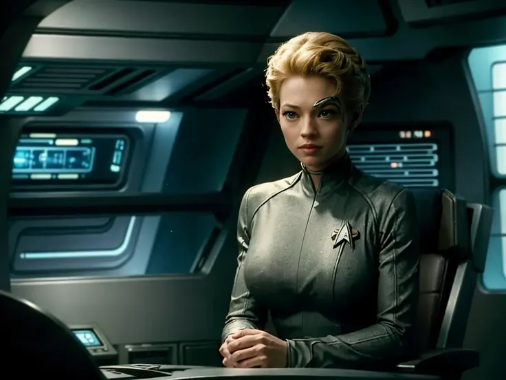 Star Trek、seven of nine、Pilot the USS Enterprise、I can see the Borg ship outside the window.