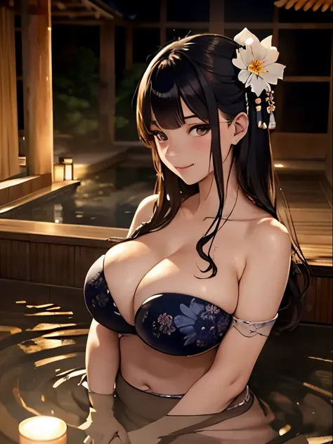 Best quality, cinematic composition, eye-catching shot, intricate details, delicate skin texture, Japanese architecture, atmospheric lighting, steamy hot spring (onsen), alluring and elegant woman with long hair, traditional sleeveless yukata, big breasts,...