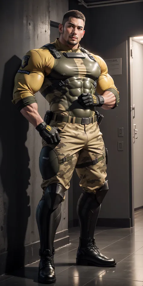 Tall giant muscular police officer，Yellow and gray khaki camouflage uniform，wall station，self fondle，character concept（Resident Evil - chris redfield，chris redfield）senior police officer，身穿Yellow and gray khaki camouflage uniform，matte texture，regular symm...