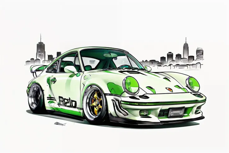 nvinkpunk, painting of a city with a greenish colored Porsche 911 rwb rotting,wide bodykit, large wheels, high quality,