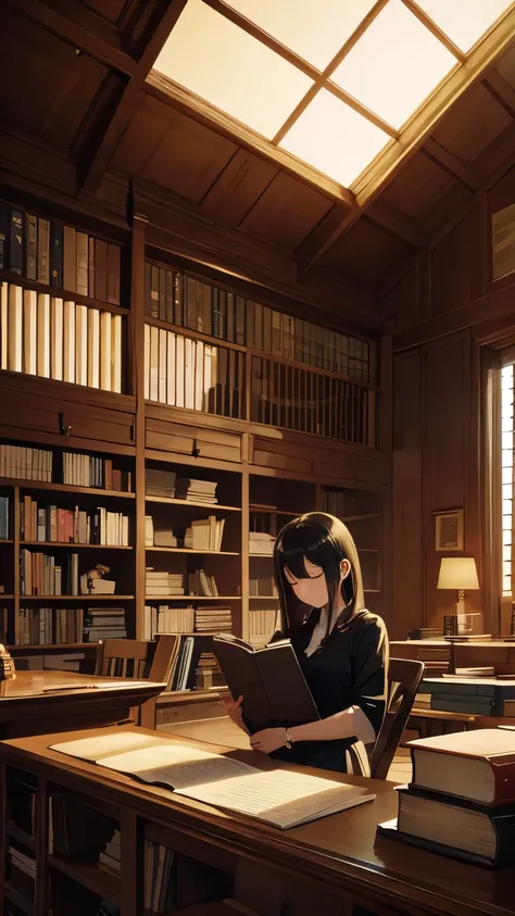 best quality,ultra-detailed,portrait,hayasaka ai sitting alone in the library, surrounded by books,deep in thought,closed eyes,brow furrowed,dreaming about the future,beautiful detailed eyes,beautiful detailed lips,longeyelashes,serious expression,black ha...