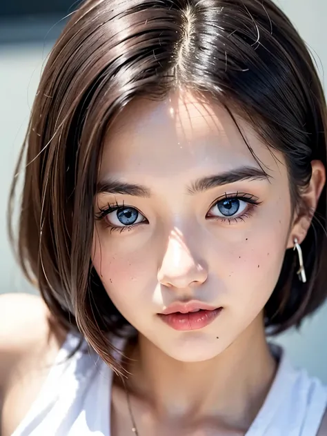 ((8k、sharp、masterpiece、highest quality、Realistic like a photo、perfect face、small face、very beautiful face、Fair skinで可愛い、Fair skin、gray hair、blue eyes、))、 19 years old、short hair、shiny skin, moist skin、Fair skin、日本のtop idol、cool girl、cute face、perfect face、...