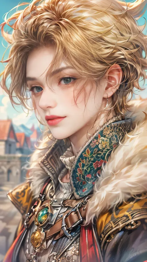 (absurdres, highres, ultra detailed, HDR), masterpiece, Intricate details,best quality picture of a character from Octopath Traveler, handsome teen boy with random Hair color between peach, apricot, periwinkle, cream, red, blue, green, orange, yellow, or p...