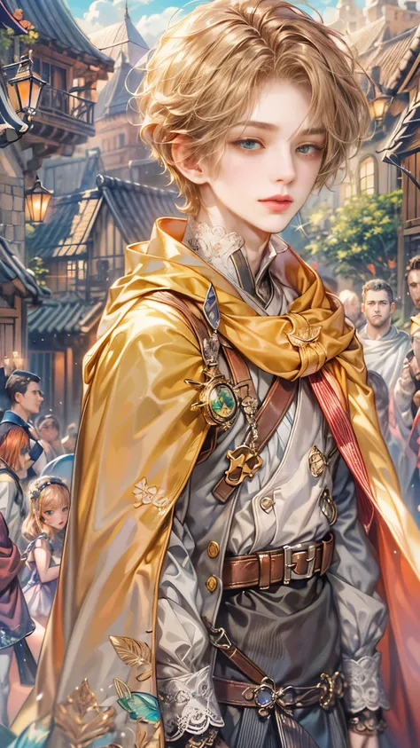 (absurdres, highres, ultra detailed, HDR), masterpiece, Intricate details,best quality picture of a character from Octopath Traveler, handsome teen boy with random Hair color between peach, apricot, periwinkle, cream, red, blue, green, orange, yellow, or p...