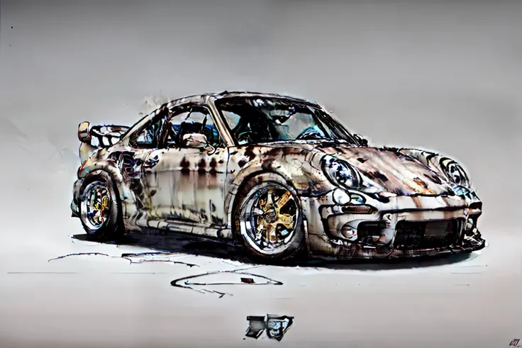 nvinkpunk, painting of a city with a metallic brown colored Porsche 911 rwb rotting,wide bodykit, large wheels, high quality