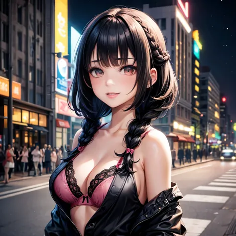 Face focus, portrait, glowing black eyes, feminine style, one girl, asymmetrical bangs, bangs, black hair, braid, bra, camera gaze, smile, night, city, bob hair, abdomen, red lips, shirt, solo, standing, braid, upper body, underwear, pink underwear, perfec...