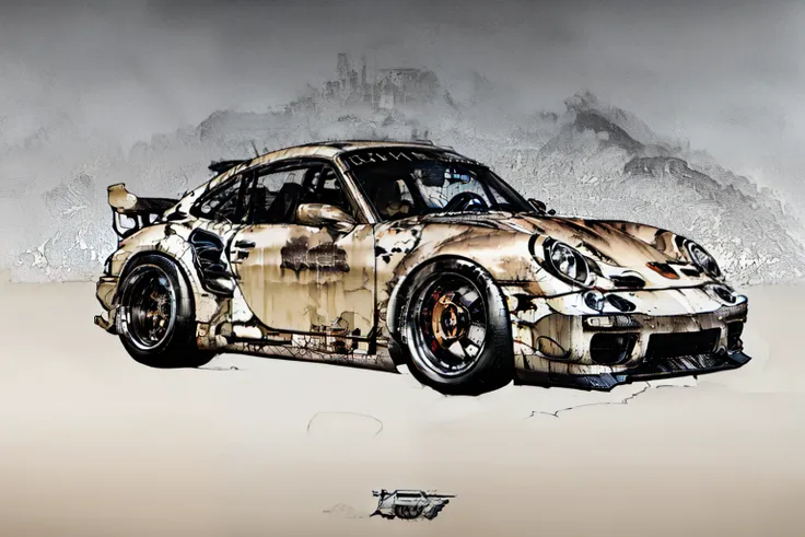 nvinkpunk, painting of a city with a  metallic brown colored Porsche 911 rwb rotting,wide bodykit, large wheels, high quality