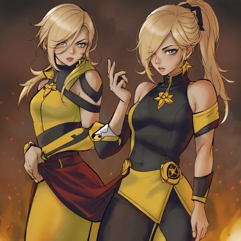 version female of scorpion from mkii, blonde woman, scorpion outfit, rosalina look a like, yellow classic outfit,