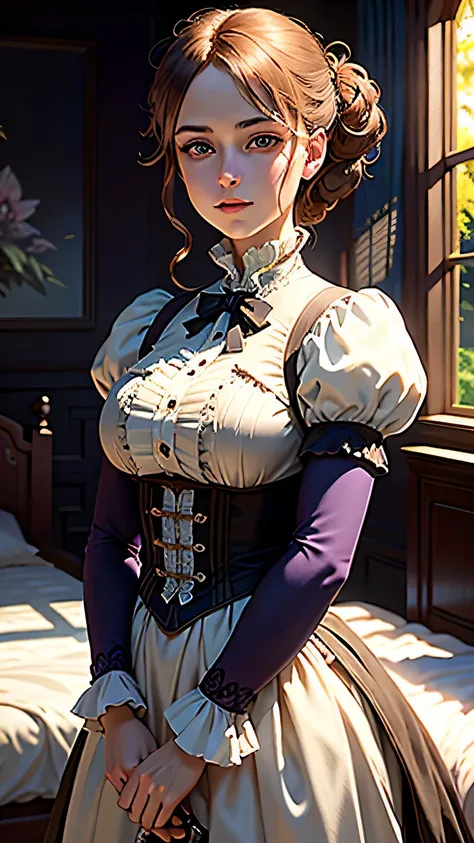 masterpiece, highest quality, (8K wallpaper that integrates high-definition CG), (highest quality), (Best Illustration), (best shadow), (Stable diffusion model), violet evergarden, Sparkling, beautiful, victorian style bedroom, dynamic lighting, written bo...