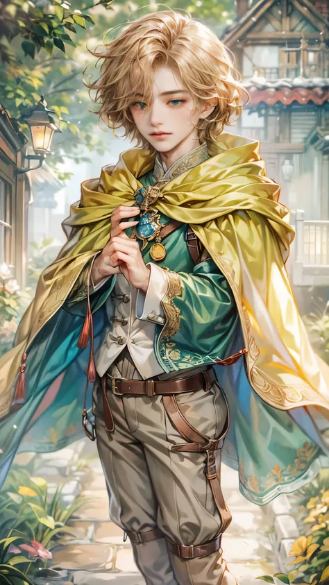 (absurdres, highres, ultra detailed, HDR), masterpiece, Intricate details,best quality picture of a character from Octopath Traveler, handsome teen boy with original Hair color, theme color randomized between peach, apricot, periwinkle, cream, red, blue, g...