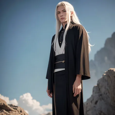 A man with platinum blonde hair and a black robe, Kenji Tan, with long white hair, long white hair, still from live action movie, Inspired by Matt Smith, fantasy movie still, live-action movie scenes, cloud-like white hair, The exquisite prince, Inspired b...