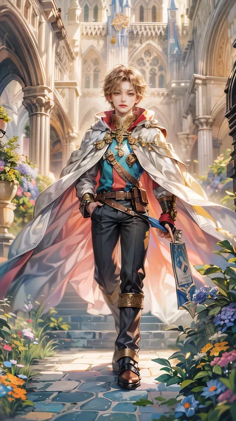 (absurdres, highres, ultra detailed, HDR), masterpiece, Intricate details,best quality picture of a character from Octopath Traveler, handsome adult boy with random Hair color between peach, apricot, periwinkle, cream, red, blue, green, orange, yellow, or ...