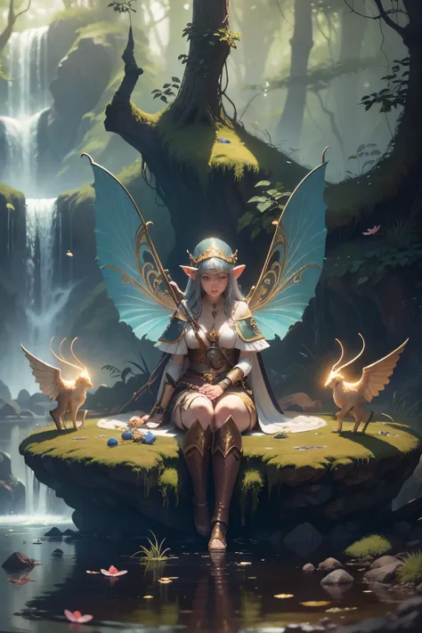 Elf girl guarding the fountain of youth, skimpy silk like gaussian robe and shin guards, 24k resolution, professional oil paint artist, highly detailed, hyperdetailed, bordering on photorealism, fantasy art style of Keith Parkinson