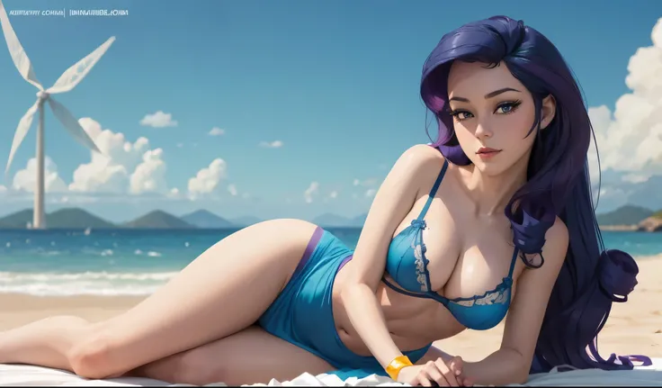 rarity from my little pony ,rarity as a girl , female body , Slender body , (((((wind blowing))))), wicked smile , out door ,desert , (beach in background) , (((lay on her side showing her breasts ))) ,(((wear light blue sheer lace transparent dress))) , (...