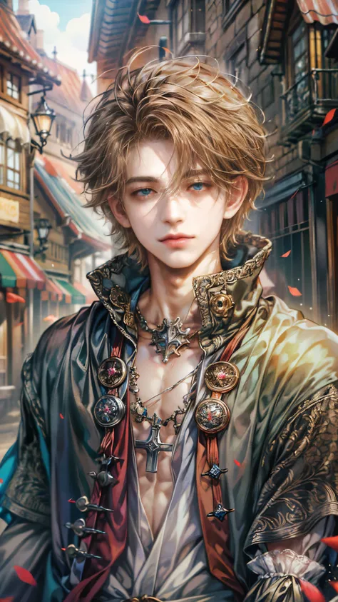 (absurdres, highres, ultra detailed, HDR), masterpiece, Intricate details,best quality picture of a character from Octopath Traveler, handsome teen boy with original Hair color, tim burton style, anime eyes, see through Outfit showing Chest with cape in a ...