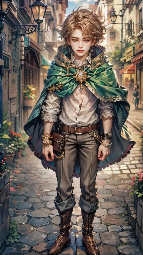 (absurdres, highres, ultra detailed, HDR), masterpiece, Intricate details,best quality picture of a character from Octopath Traveler, handsome teen boy with original Hair color, tim burton style, anime eyes, see through Outfit showing Chest with cape in a ...